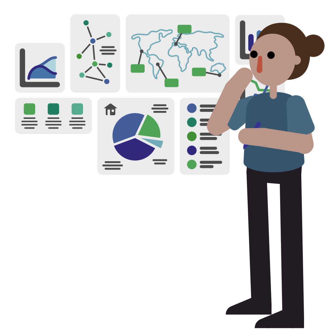 Illustration of a person reviewing market insight dashboards